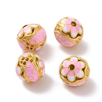 Hollow Alloy Beads, with Enamel, Rondelle with Flower, Matte Gold Color, Pink, 14x13mm, Hole: 2.5mm
