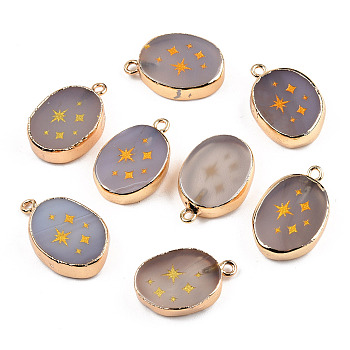 Natural Agate Pendants, with Light Gold Plated Brass Edge & Iorn Loops, Gold Powder, Dyed & Heated, Oval with Star Charm, Rosy Brown, 23~24x15~16.5x4~6.5mm, Hole: 1.6mm