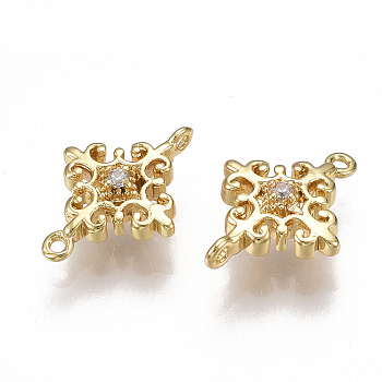 Brass Links connectors, with Cubic Zirconia, Flower, Clear, Nickel Free, Real 18K Gold Plated, 13x10x3.5mm, Hole: 0.8mm