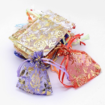Gold Stamping Rose Flower Rectangle Organza Gift Bags, Jewelry Packing Drawable Pouches, Mixed Color, 9x7cm