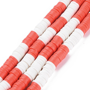 Fixed 2 Color Handmade Polymer Clay Bead Strands, Heishi Beads, Disc/Flat Round, Orange Red & White, 6x0.3~1.5mm, Hole: 1.6~1.8mm, about 265~354pcs/strand, 12.76 inch~15.67 inch(32.4cm~39.8cm)