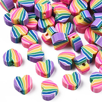 Handmade Polymer Clay Beads, Heart with Stripe Pattern, Colorful, 7.5~8x9~9.5x4~4.5mm, Hole: 1.2mm