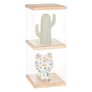 2-Tier Transparent Acrylic Minifigures Display Case, for Models, Building Blocks, Doll Display Holder Risers, with Wood Base & Top, Moccasin, Finished Product: 15x15x30.8cm