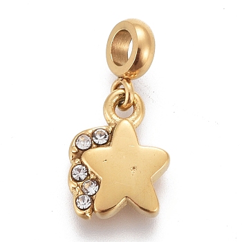 Ion Plating(IP) 304 Stainless Steel Charms, with Rhinestone and Tube Bails, Star, Crystal, Golden, 14.5mm, Pendant: 9.2x7x2mm, Hole: 2.5mm