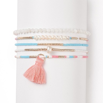 Glass Seed Beads Stretch Bracelet Sets, Pearl & Polycotton Tassel Charm Bracelets for Women, Mixed Color, Inner Diameter: 2~2-1/8 inch(5~5.5cm), 5pcs/set