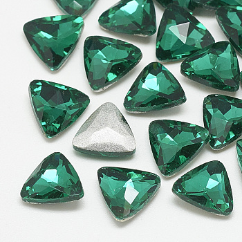Pointed Back Glass Rhinestone Cabochons, Back Plated, Faceted, Triangle, Med.Emerald, 11x12x4.5mm