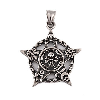 304 Stainless Steel Pendants, Star with Skull Charm, Antique Silver, 43.5x40x4mm, Hole: 8x3.5mm
