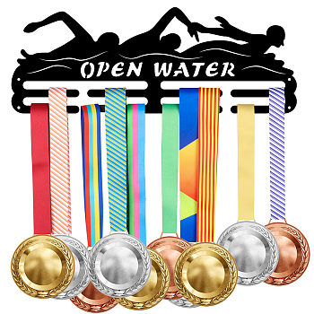 Sports Theme Iron Medal Hanger Holder Display Wall Rack, with Screws, Word Open Water, Swimming Pattern, 150x400mm