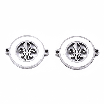 304 Stainless Steel Enamel Links Connectors, Laser Cut, Flat Round with Fleur De Lis, White, Stainless Steel Color, 14.5x18.5x2mm, Hole: 1.2mm