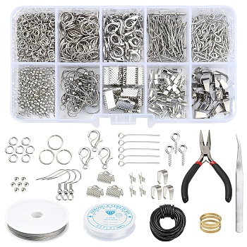 DIY Earring Bracelet Necklace Making Finding Kit, Including Elastic Thread, Cowhide Leather Cord, Alloy Clasps, 304 Stainless Steel Eye Hooks, Brass Rings, Tweezers, Pliers, Platinum & Golden