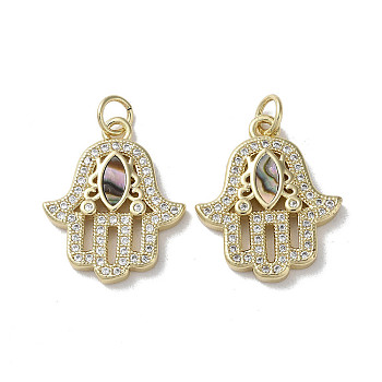 Brass Micro Pave Cubic Zirconia Pendants, with Paua Shell, Hamsa Hand, Real 18K Gold Plated, 21x17.5x3mm, Hole: 3mm