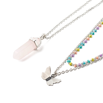 Bullet and Butterfly Pendant Necklaces Set for Women Gift, with Natural Rose Quartz Beads and 304 Stainless Steel Findings, Stainless Steel Color, 14.88~18.03 inch(37.8~45.8cm), 2pcs/set