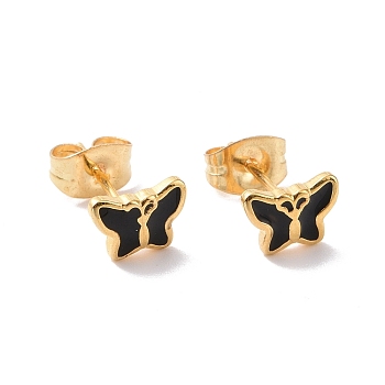 Enamel Butterfly Stud Earrings with 316L Surgical Stainless Steel Pins, Gold Plated 304 Stainless Steel Jewelry for Women, Black, 7.5x5.5mm, Pin: 0.7mm