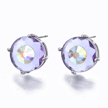 Brass Stud Earrings, with Glass and Steel Pins, Flat Round, Platinum, Lilac, 14mm, Pin: 0.6mm