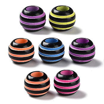 Spray Printed Opaque Acrylic European Beads, Large Hole Beads, Round with Stripe, Mixed Color, 11x9mm, Hole: 5.5mm, about 1000pcs/500g