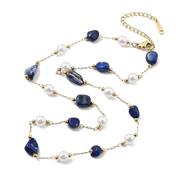 Natural Lapis Lazuli Nuggets Link Chain Necklaces, 316 Surgical Stainless Steel Jewelry for Women, Real 18K Gold Plated, 18.66~20.94 inch(47.4~53.2cm)