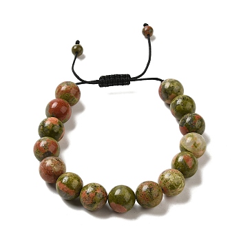 12.5mm Round Natural Unakite Braided Bead Bracelets for Women Men, Inner Diameter: 2~3-1/8 inch(4.95~8.05cm)