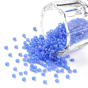 12/0 Grade A Round Glass Seed Beads, Transparent Frosted Style, AB Color Plated, Royal Blue, 2x1.5mm, Hole: 0.8mm, about 30000pcs/bag