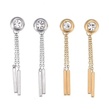 304 Stainless Steel Chain Tassel Earrings, with Ear Nuts and Cubic Zirconia, Bar & Flar Round, Mixed Color, 45mm, Pin: 0.7mm