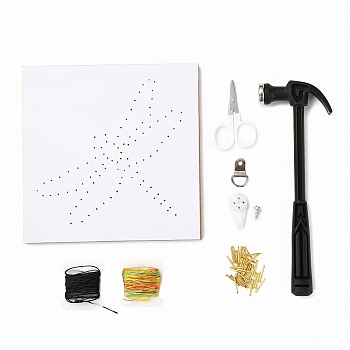 Dragonfly Pattern DIY String Art Kit Sets, Including Hammer, Wooden Board, Plastic Holder Accessories, Alloy Nails & Screws, Scissor, Polyester Thread, 15x15x0.85cm