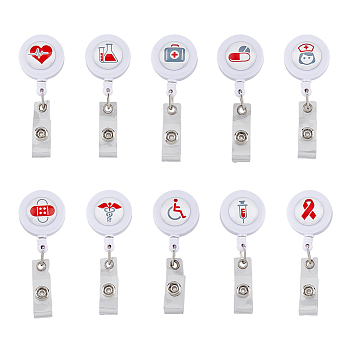 ABS Plastic Retractable Badge Reels, Card Holders, with Platinum Clips, ID Badge Holder for Nurses, Flat Round, Medical Theme Pattern, White, 8.6cm, 10pcs/box