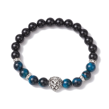 8mm Round Dyed Natural Tiger Eye & Black Onyx Beaded Stretch Bracelets, Lion Alloy Link Bracelets for Women Men, Blue, Inner Diameter: 2-1/8 inch(5.5cm)