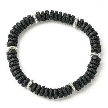 Natural Dyed Lava Rock Flat Round Beaded Stretch Bracelets for Men, Black, Inner Diameter: 2-1/2 inch(6.3cm)