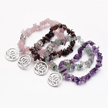 Gemstone Beads Charm Bracelets, with Tibetan Style Alloy Pendants, Flat Round with Lotus & Buddha, Mixed Color, 2 inch(50mm)