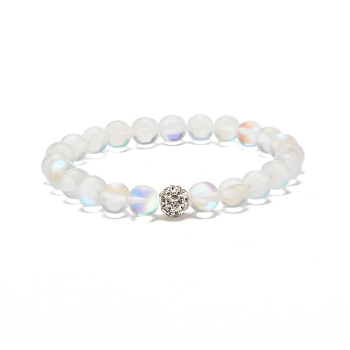 Synthetic Moonstone Round Beaded Stretch Bracelet with Rhinestone, Gemstone Jewelry for Women, Clear, Inner Diameter: 2-1/4 inch(5.8cm)