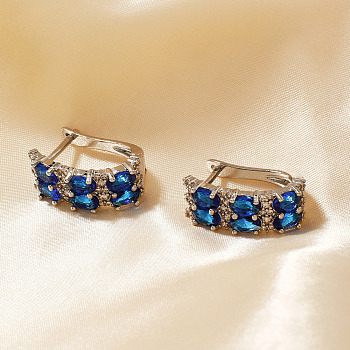 Chic French Style Brass Cubic Zirconia Hoop Earrings, with Shiny and Minimalist Design, Platinum, Blue, 22x9mm