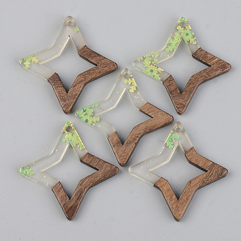 Transparent Resin & Walnut Wood Pendants, with Paillette/Sequin, Star with Snowflake, Green Yellow, 29.5x29.5x3mm, Hole: 2mm