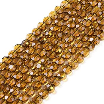 Electroplate Glass Beads Strands, Full Plated, Faceted, Flat Round, Goldenrod, 4x4.5x3.5mm, Hole: 0.8mm, about 74pcs/strand, 11.73''(29.8cm)