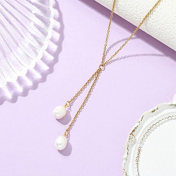 Natural Pearl Rice Tassel Y Necklaces, 304 Stainless Steel Cable Chain Lariat Necklaces for Women, White, Golden, 16.42 inch(41.7cm)