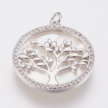 Brass Micro Pave Cubic Zirconia Pendants, with White Shell, Lead Free & Cadmium Free, Flat Round with Tree of Life, Platinum, 24x22x3mm, Hole: 2.5mm