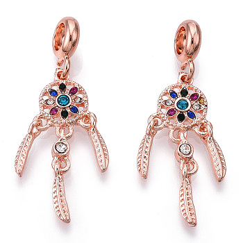 Alloy European Dangle Charms, with Rhinestone, Large Hole Pendants, Woven Net/Web with Feather, Platinum, Rose Gold, 44mm, Hole: 4mm
