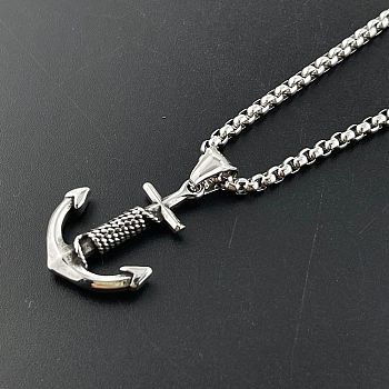 Retro Rock Punk Men's Anchor 304 Stainless Steel Pendant Necklaces, Stainless Steel Color