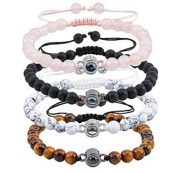 4Pcs 4 Styles I Love You in 100 Languages Projection Bracelets Set, Natural Mixed Gemstone & Glass & Brass Braided Bead Bracelets for Women, Inner Diameter: 2-1/8~3 inch(5.5~7.7cm), 1Pc/style