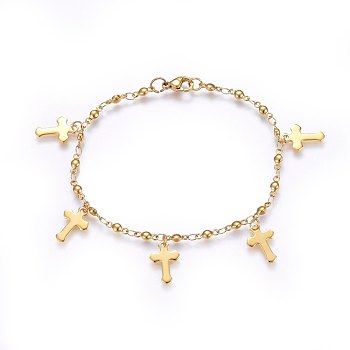 304 Stainless Steel Charm Bracelets, with Lobster Claw Clasps, Cross, Golden, 8-1/4 inch(21cm), 3mm