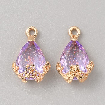 Resin Teardrop Pendants, Faceted, Golden Plated Alloy Flower Drop Charms, Medium Orchid, 19.5~20x13x7.5mm, Hole: 2mm