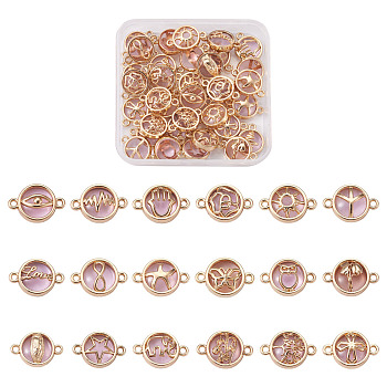 Glass Links Connectors, with Light Gold Plated Alloy Findings, Flat Round, Pearl Pink, 36pcs/box