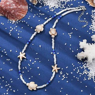 collier de perles synthétiques tortue et étoile de mer et graines rondes(NJEW-TA00125)-2