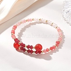 Dyed Natural Malaysia Jade & Brass Beaded Bangles for Women, Rondelle, Real 18K Gold Plated, Red, Inner Diameter: 1.97 inch(5cm)(BJEW-JB13343-02)