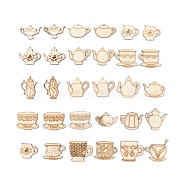 Wooden Cabochons, Wood Embellishments, Cup and Teapot, Floral White, 28~43x32~45x2.5mm(WOOD-CJC0004-004)