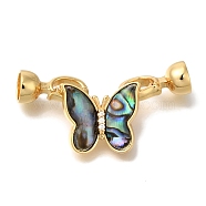 Brass & Abalone & Shell Fold Over Clasps, with Micro Pave Clear Cubic Zirconia, Butterfly, Real 18K Gold Plated, 38.5mm(KK-K389-129G)