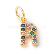 Brass Micro Pave Colorful Cubic Zirconia Charms, Golden, Letter.R, 9x5x2mm, Hole: 3mm(ZIRC-F092-01-R)