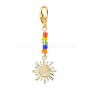 Sun Alloy Cat Eye Pendants Decorations, with Colorful Glass Seed Beads and Alloy Lobster Clasp, for Keychain, Purse, Backpack Ornament, Golden, 55mm, Pendant: 21.5x18.5x3mm(HJEW-JM00827)