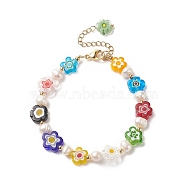 Millefiori Glass Flower & Natural Pearl Beaded Bracelet for Women, Colorful, 7-1/2 inch(19.2cm)(BJEW-JB09138)
