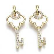Brass Micro Pave Cubic Clear Zirconia Pendants, with Shell, Nickel Free, Key, Real 18K Gold Plated, Creamy White, 23.5x11x1.5mm, Hole: 4mm(KK-N232-94-NF)
