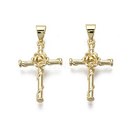 Brass Pendants, Cross with Rose, Nickel Free, Real 18K Gold Plated, 24x15x3.5mm, Hole: 3x4mm(KK-R133-030-NF)