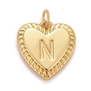Rack Plating Real 18K Gold Plated Brass Pendants, with Jump Rings, Long-Lasting Plated, Lead Free & Cadmium Free & Nickel Free, Heart with Letter A~Z, Letter.N, 16x15x2.5mm, Jump Ring: 5x0.5mm, 3mm Inner Diameter(KK-E260-01G-N)